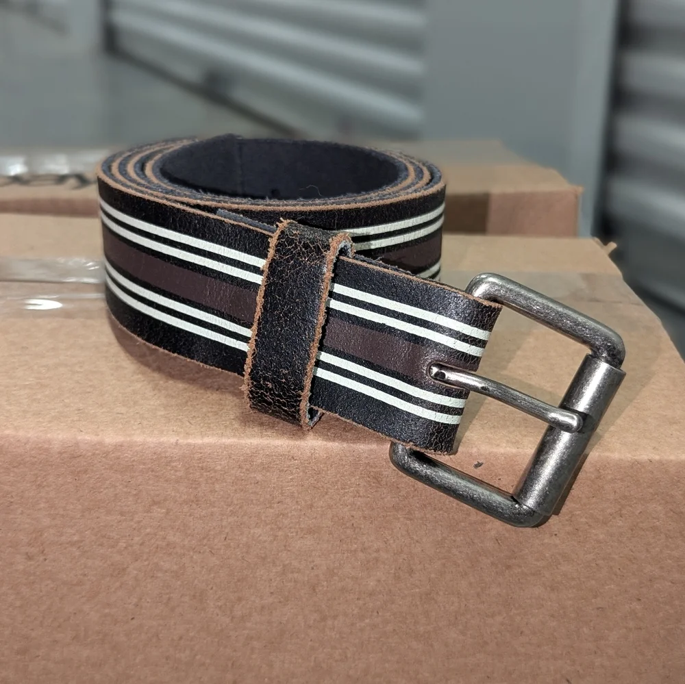 Vintage 90s‎ Y2K Black Brown White Striped Medium Leather Belt